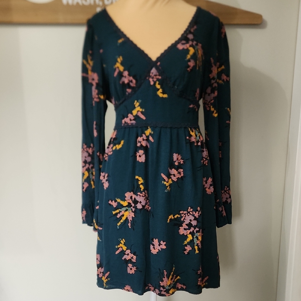 Bohemian Teal Floral Long Flare Sleeve Dress Side Zip Criss Cross Back Large Y2k